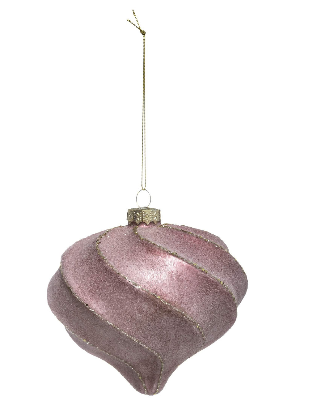 Boule de noël forme goutte et spirales rose et or pailletée
