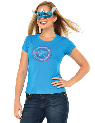 T-shirt à strass et masque American Dream Captain America pour femme bleu