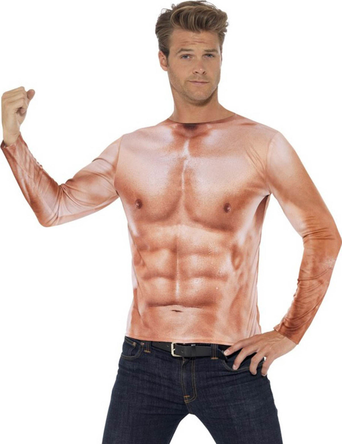 T-shirt muscles pour adulte beige effet torse musclé réaliste