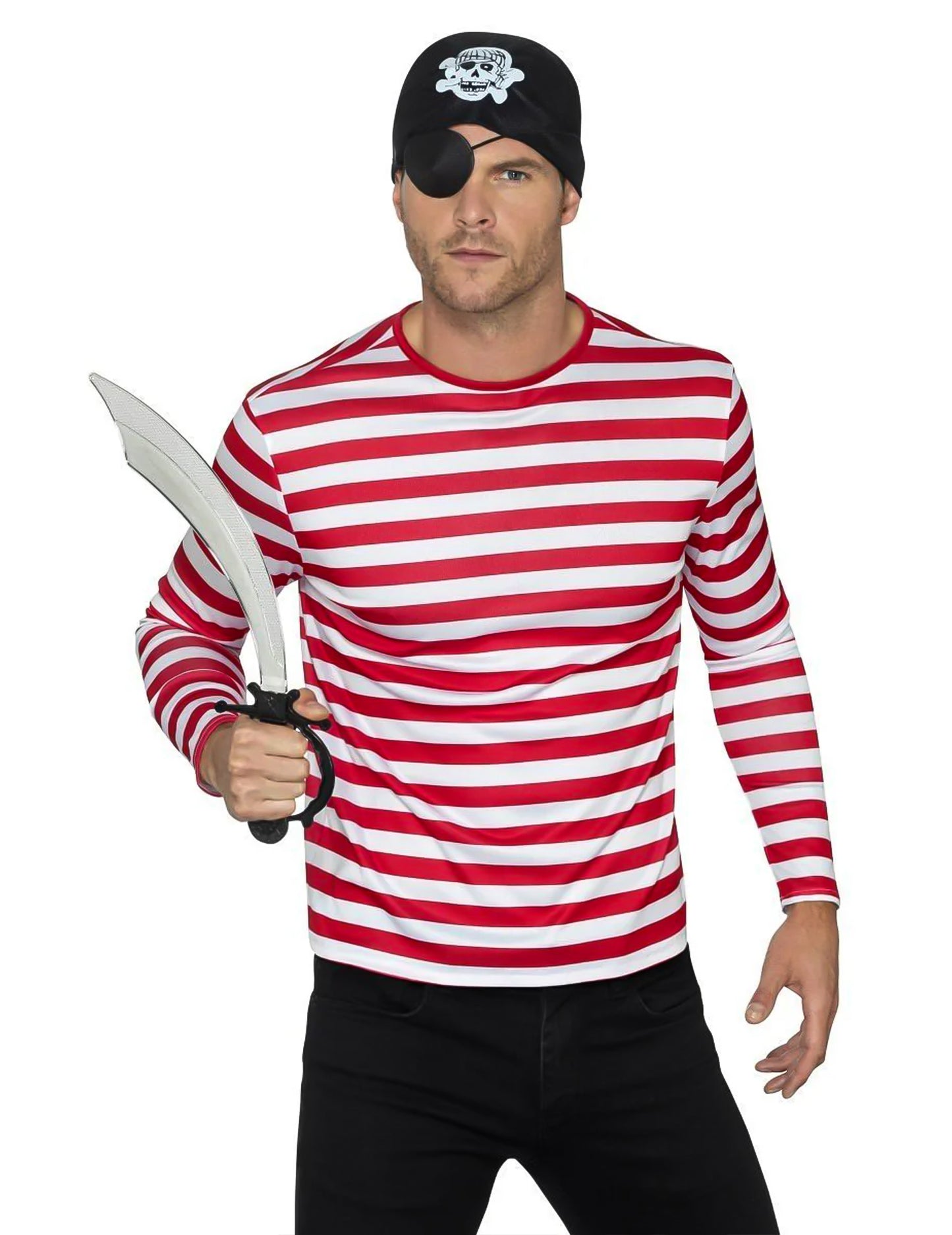 Vue avec accessoires de pirate du t-shirt rayé pour adulte rouge et blanc à manches longues