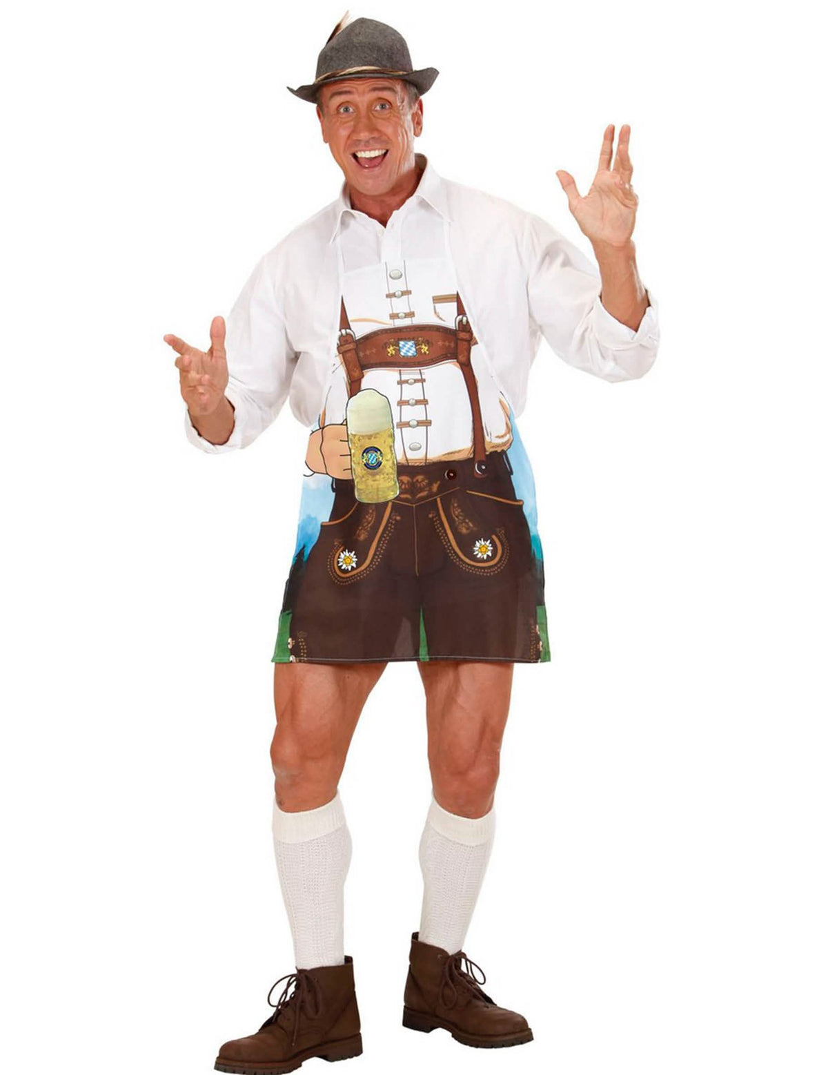 Oktoberfest tarvikkeet esiliina miehet ruskea ja valkoinen lederhosen-kuviolla ja oluttuopilla