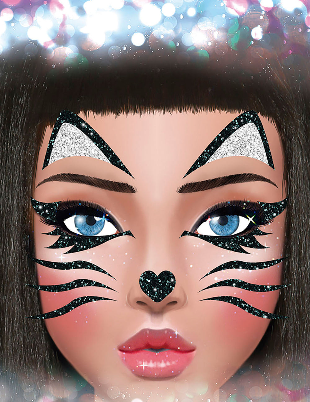 Gros plan sur le rendu des tatouages pailletés chat pour adulte noir et argent
