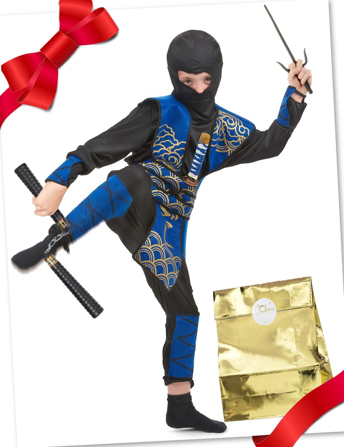 Sininen ninja-asu lahjarasia lasten tarvikkeineen