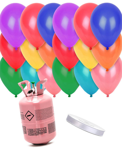 Kit bouteille d'hélium avec 24 ballons multicolores et ruban