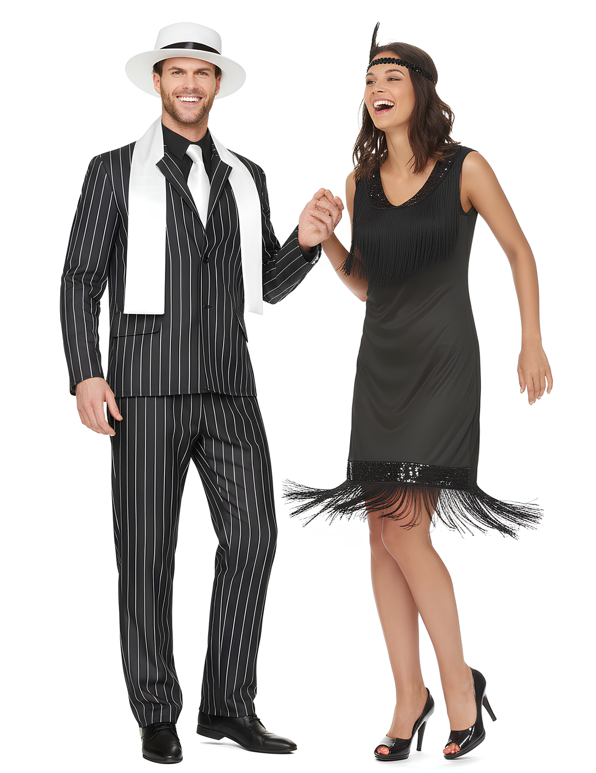 Déguisement de couple des années 20 pour adultes noir avec costume à rayures et robe à franges