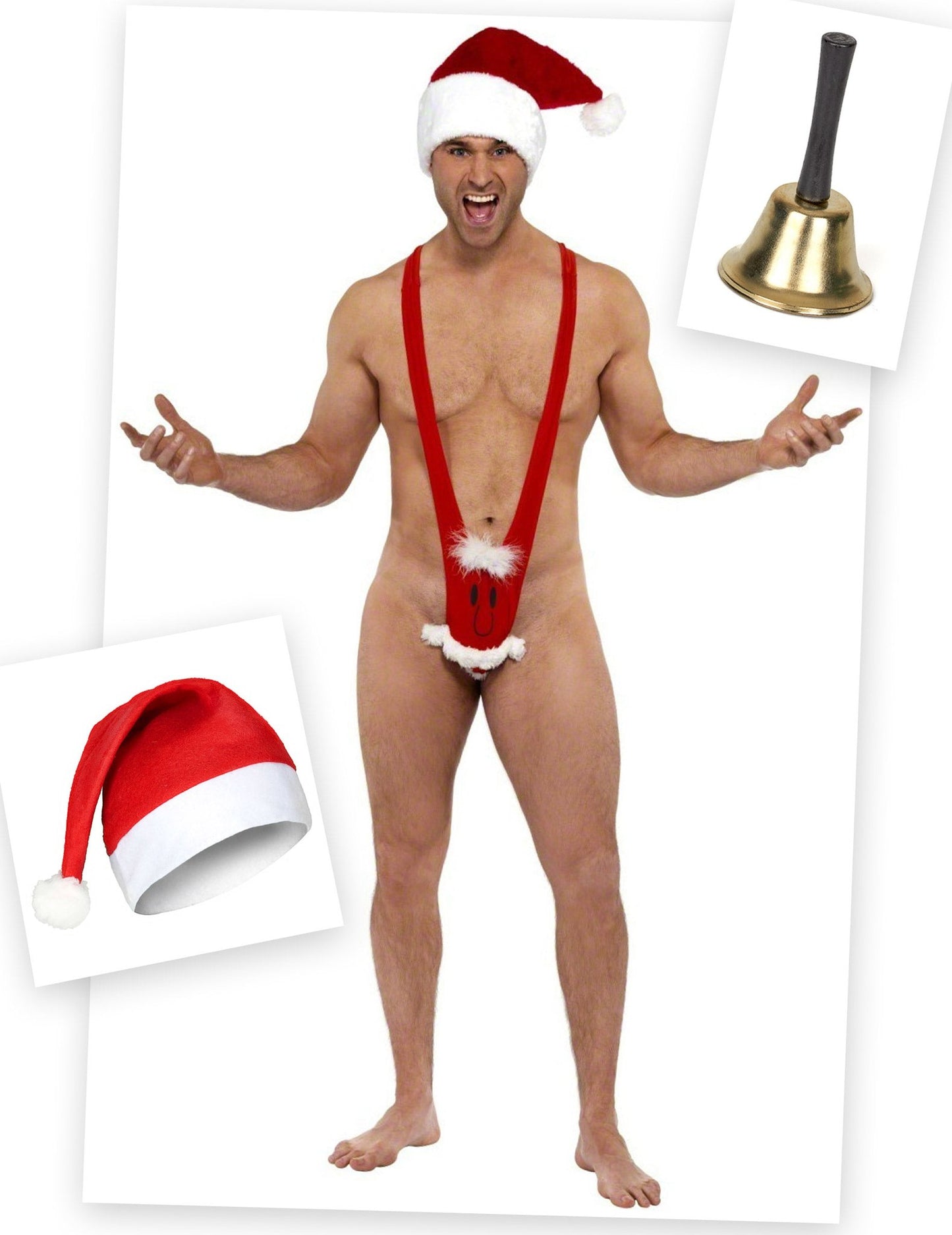 Joulupukin mankini- naamiaisasusetti pipolla ja kellolla