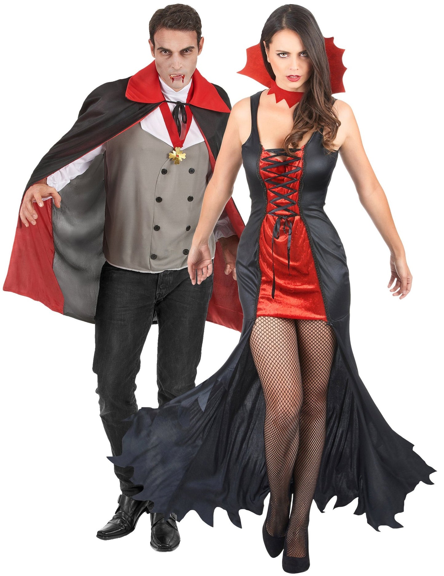 Aikuisten punainen verinen vampyyri-asu Halloween pariskunnille
