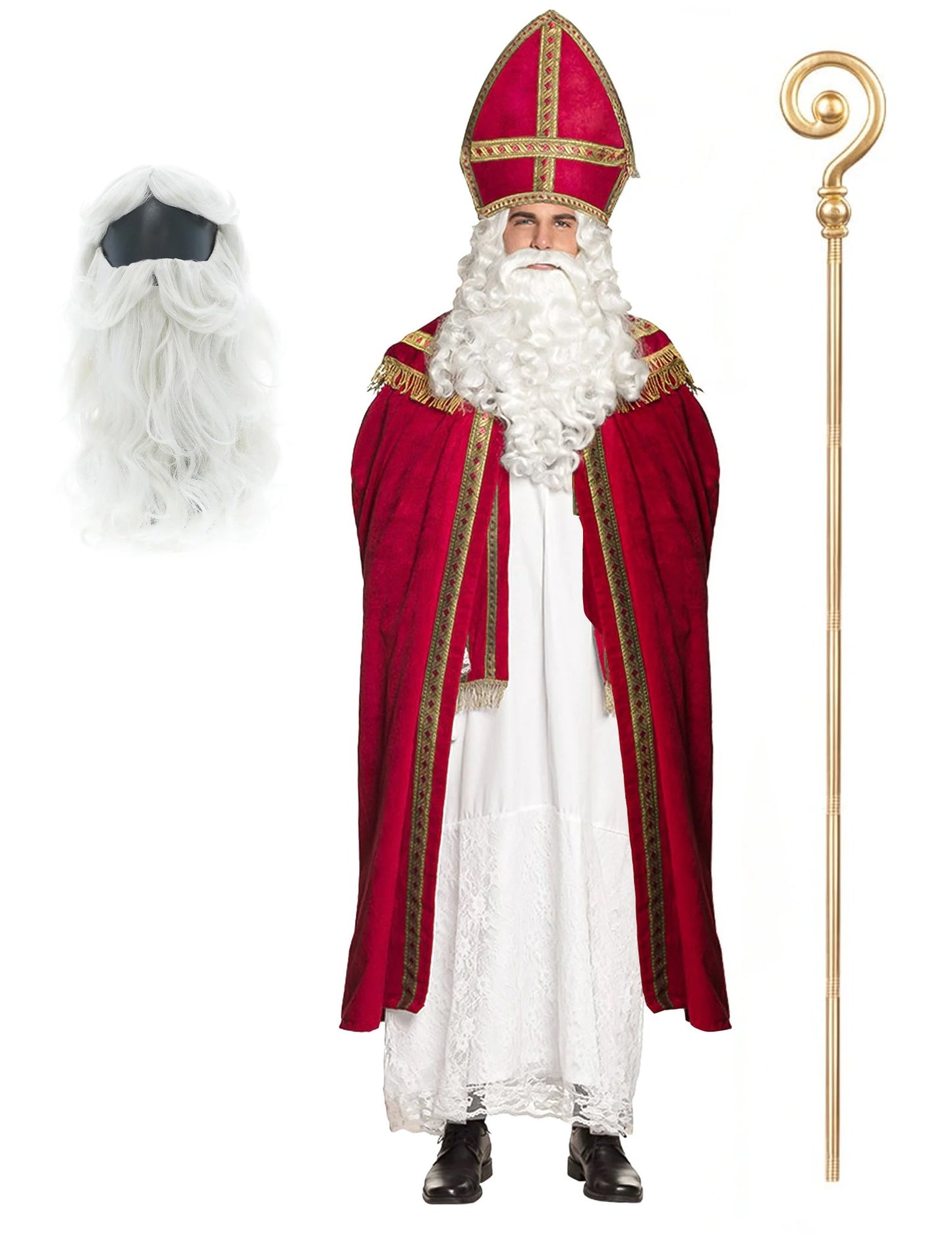 Pyhä Nikolaus -naamiaisasu aikuisille sauvalla, parralla ja peruukilla
