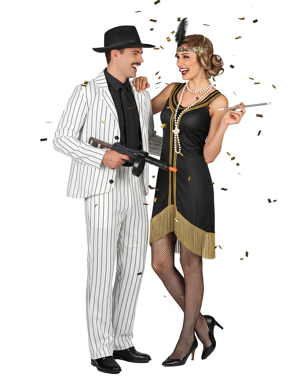 Déguisement de couple gangster et charleston pour adultes blanc noir et or