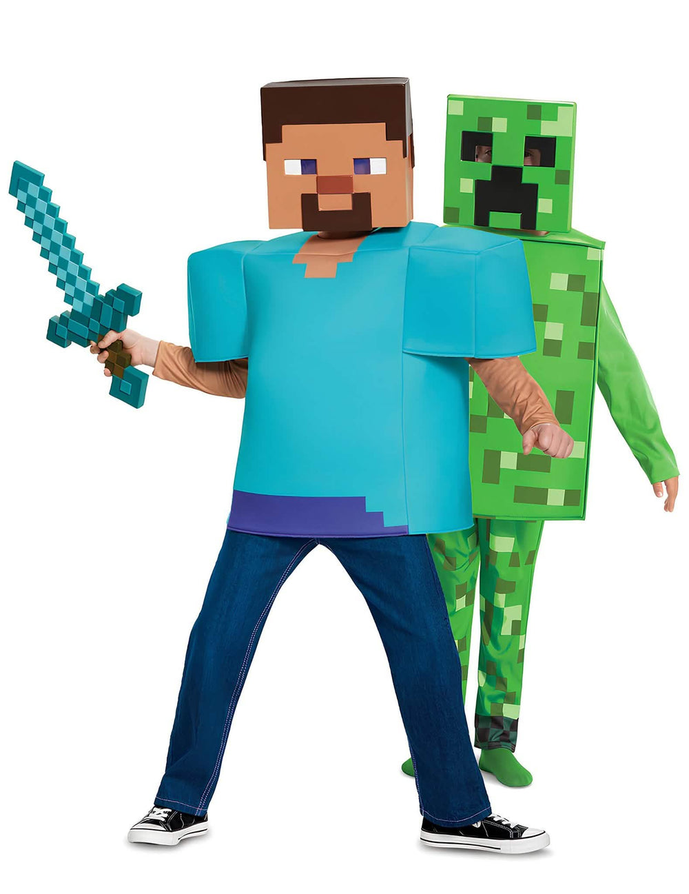 Déguisement de couple Minecraft pour enfant Steve et Creeper bleu et vert