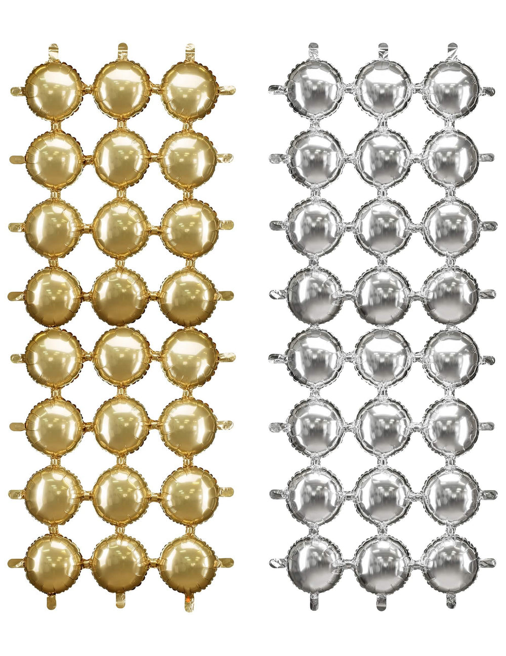 Vue d'ensemble des modèles doré et argenté du décor en ballon aluminium double face pour fête