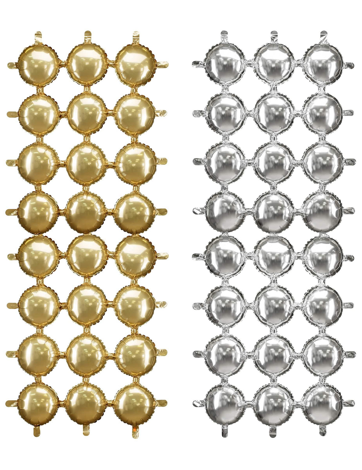 Vue d'ensemble des modèles doré et argenté du décor en ballon aluminium double face pour fête