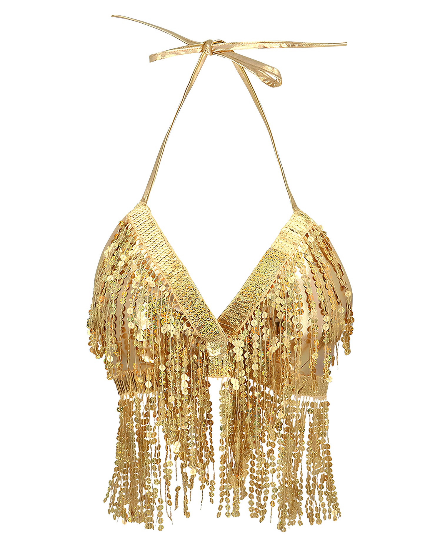 Vue de face du top à franges et sequins pour femme