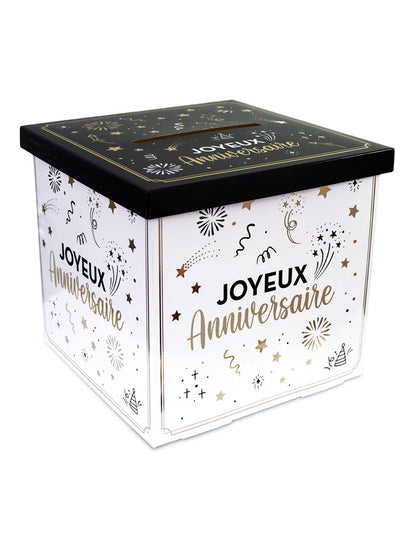 Urne en carton joyeux anniversaire pour adulte blanche dorée et noire