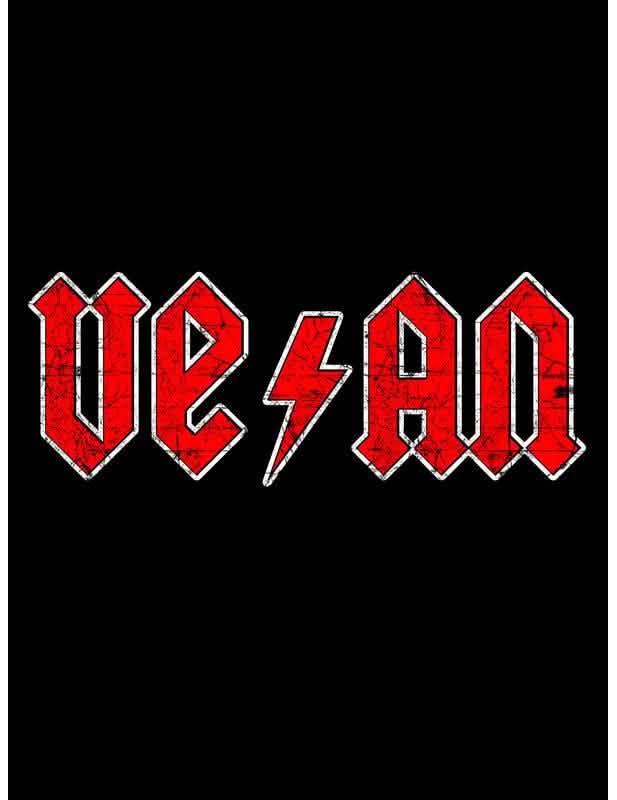 Naisten vegaaninen t-paita musta punainen logo rock-tyylillä