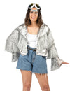 Veste à franges argentée pour femme scintillante