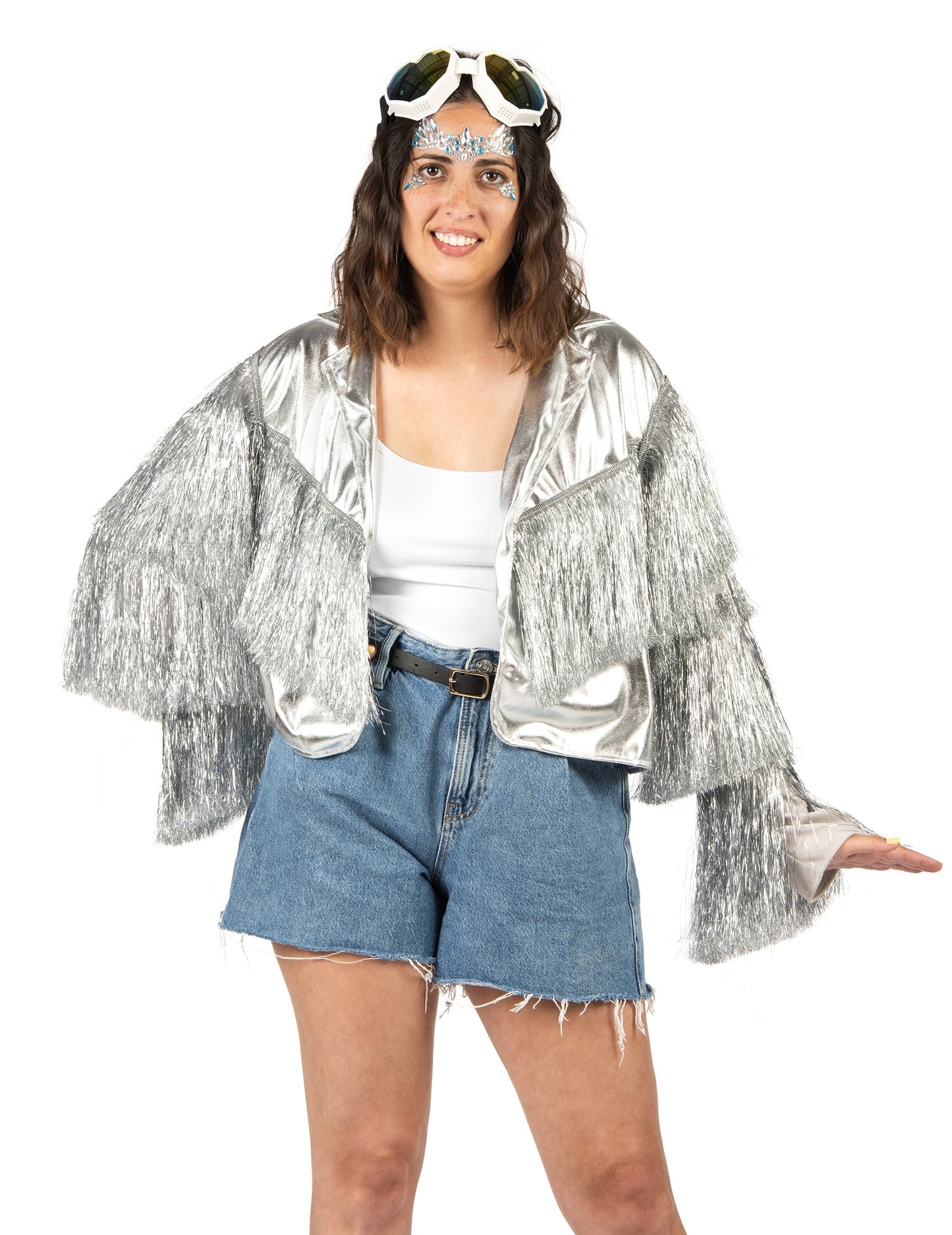 Veste à franges argentée pour femme scintillante