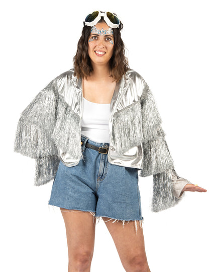 Veste à franges argentée pour femme scintillante