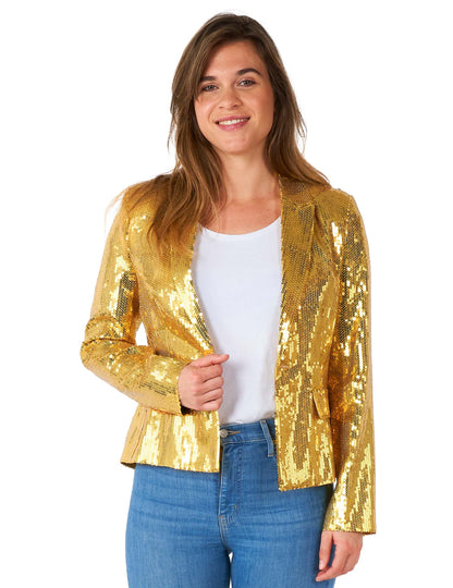 Vue de face de la veste blazer Suitmeister pour femme à sequins dorés