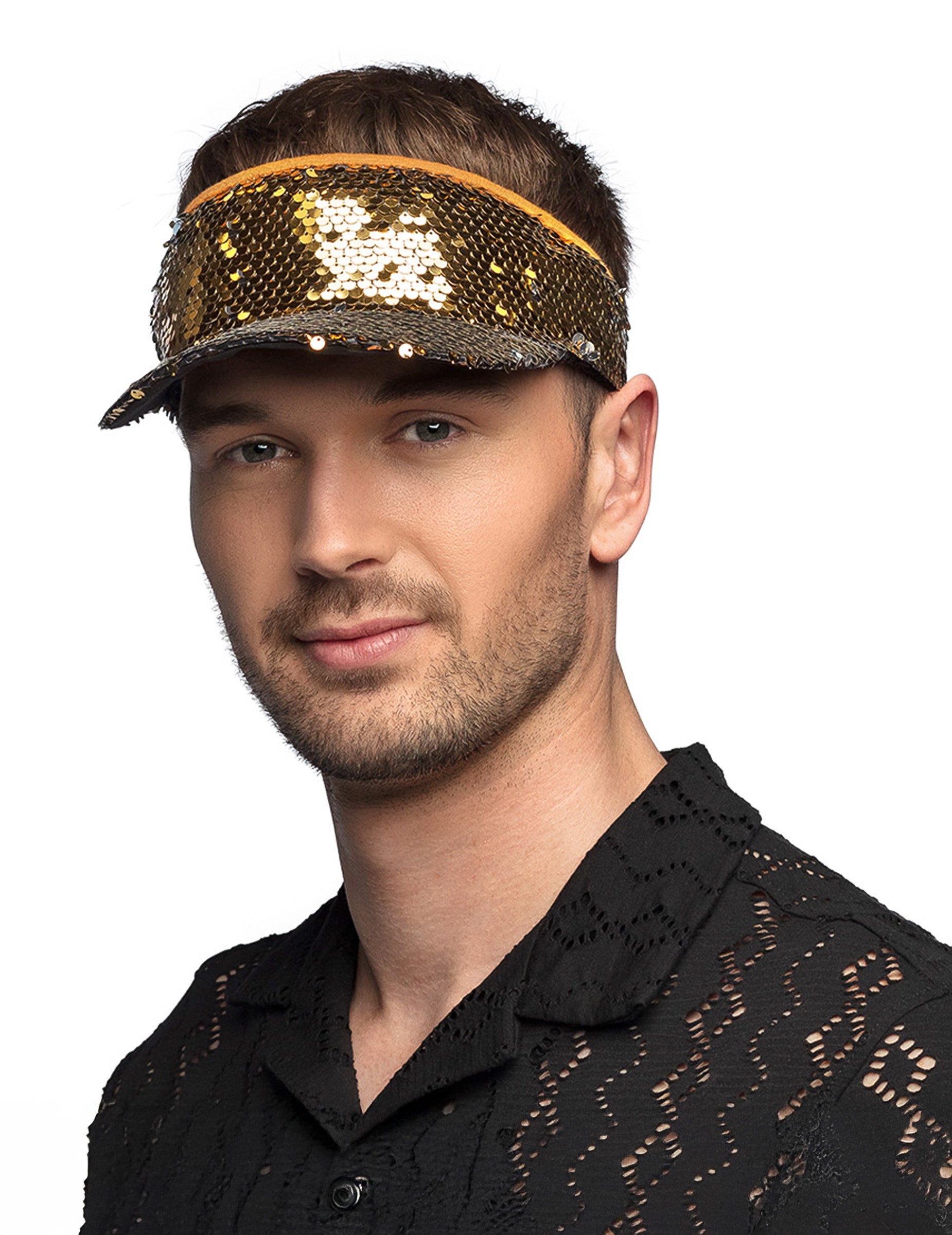 Vue de face de la visière à sequins pour adulte
